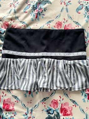 Handmade Black and White Striped Ruffle Mini Skirt with Lace Trim and pompoms